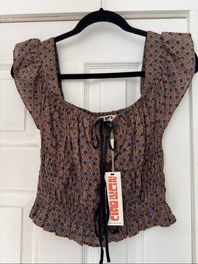 NWT Ciao Lucia Brown Patterned Smocked Square-Neck Crop Top